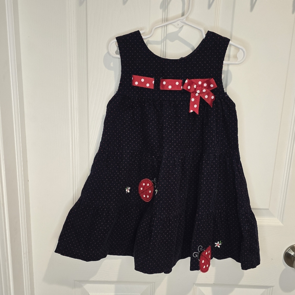Navy Kids Corduroy Jumper Dress. Red Polka Dots, Red Bow, and Lady Bug Accents